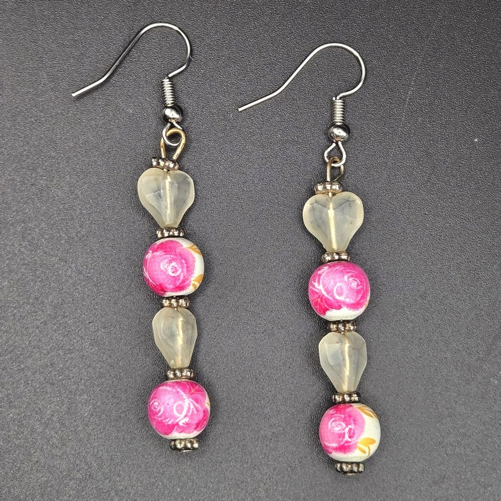 Handmade Dangle Earrings Pink Floral and Clear‎ Heart Shaped Beads Silver Hooks